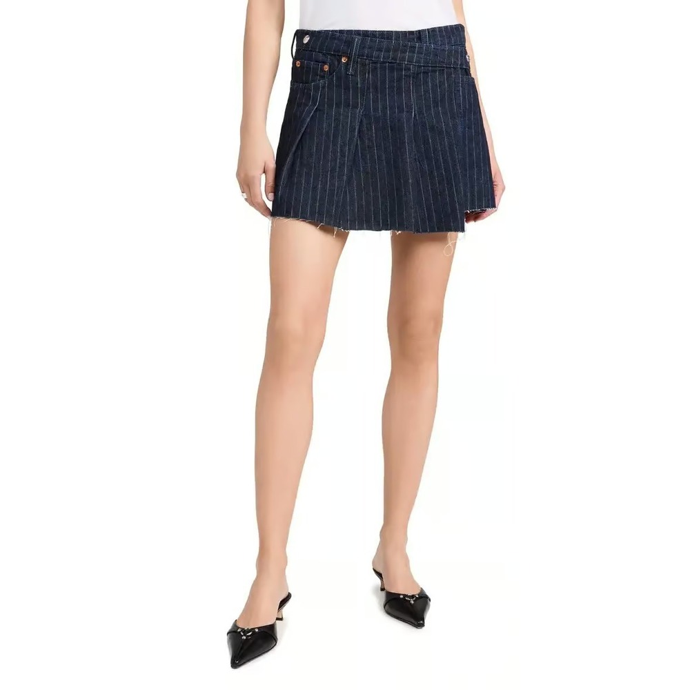 RE/DONE Women's Denim Indigo Pin Stripe Tennis Wrap Skirt Size 29 NWT